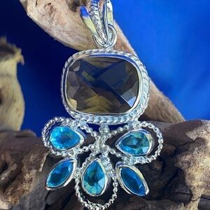 NEW Large 40 MM hammered 925 silver blue topaz smoky quartz oval pendant